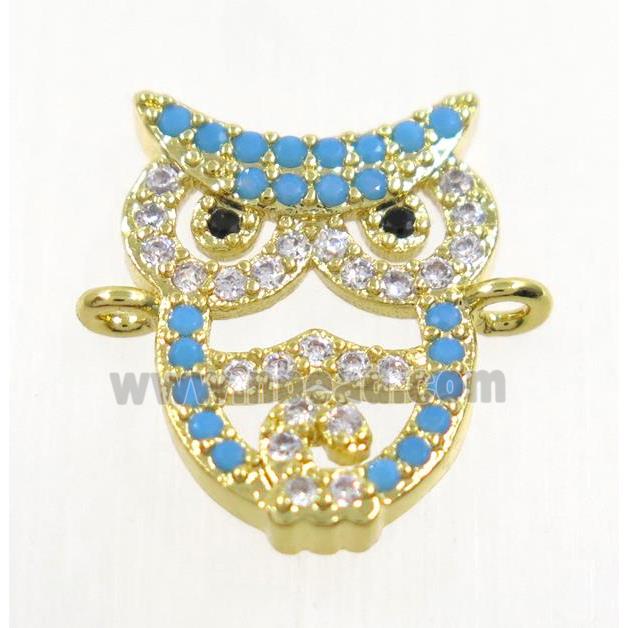 copper Owl connector paved zircon, gold plated