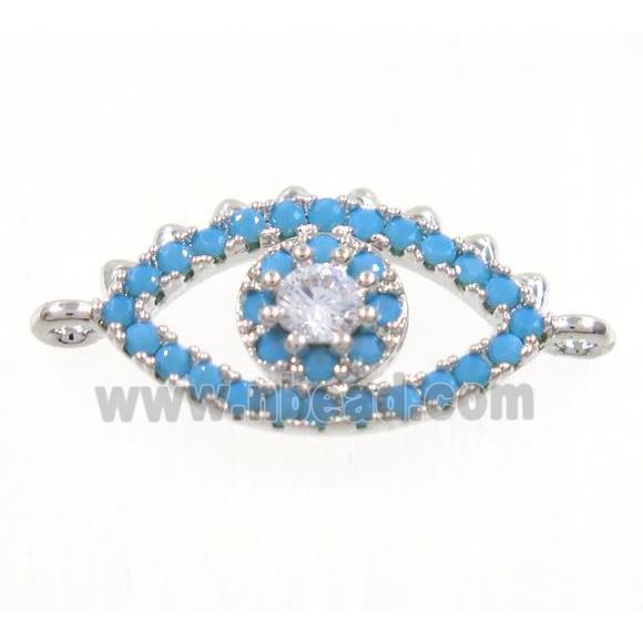 copper Evil Eye connector paved zircon, platinum plated, turq
