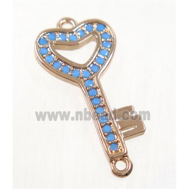 copper key connector paved zircon, rose gold, turq