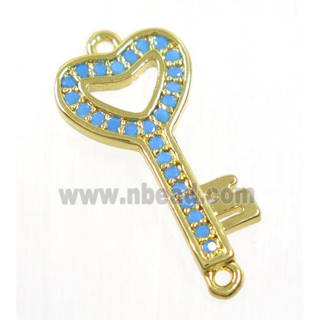copper key connector paved zircon, gold plated, turq