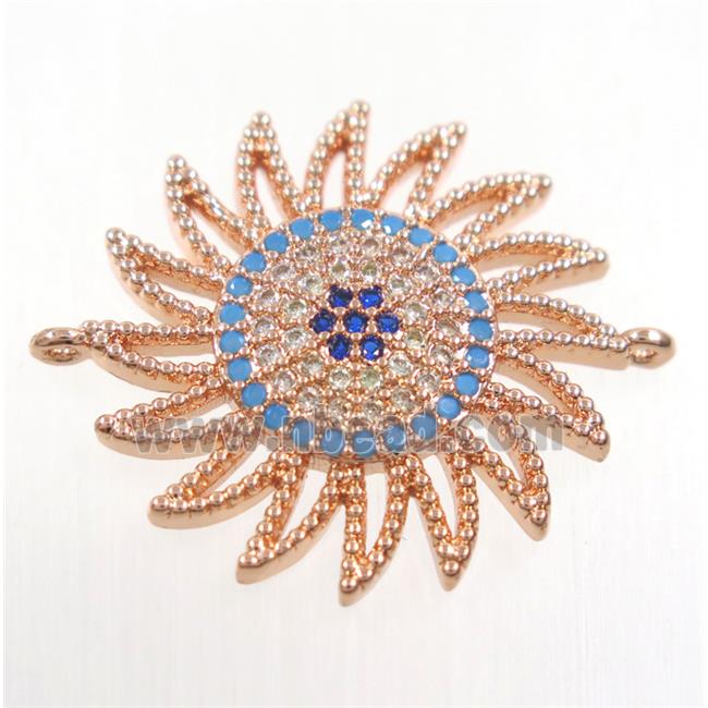 copper sunflower connector paved zircon, rose plated