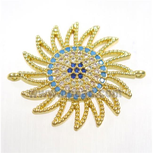 copper sunflower connector paved zircon, gold plated