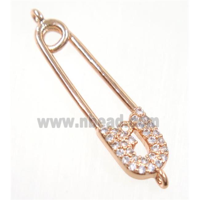 copper safety pin connector paved zircon, rose gold