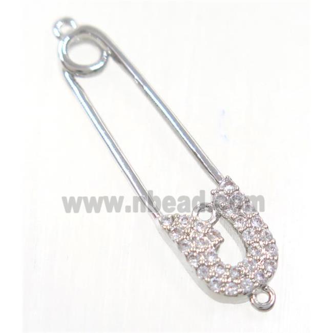 copper safety pin connector paved zircon, platinum plated