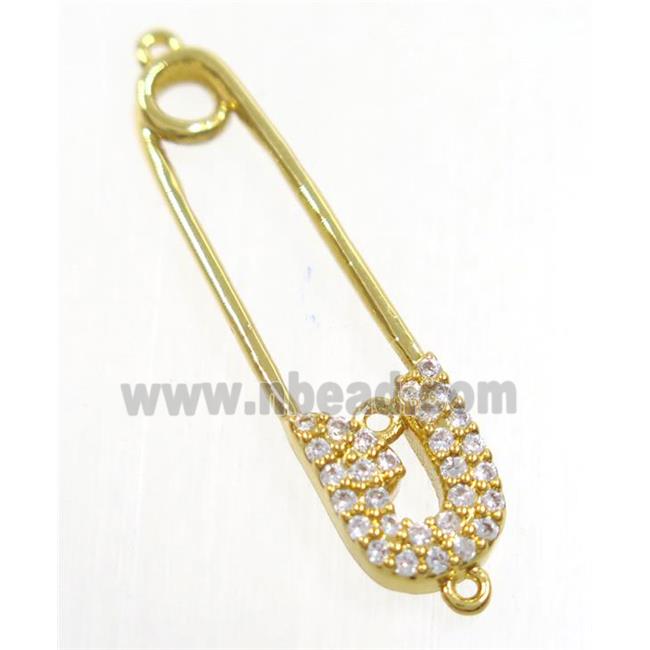 copper safety pin connector paved zircon, gold plated
