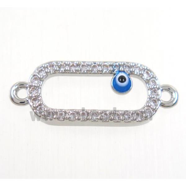 copper oval connector paved zircon with evil eye, platinum plated