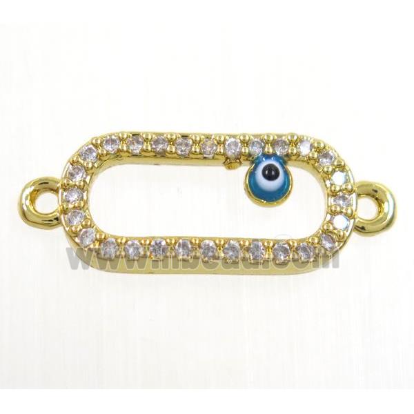 copper oval connector paved zircon with evil eye, gold plated