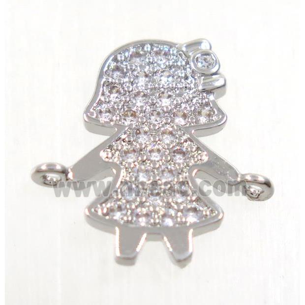 copper girls connector paved zircon, platinum plated