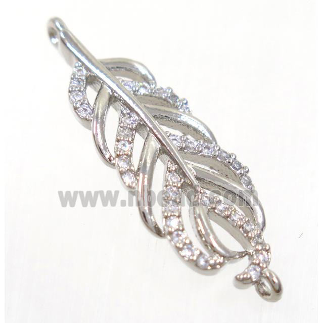 copper feather connector paved zircon, platinum plated