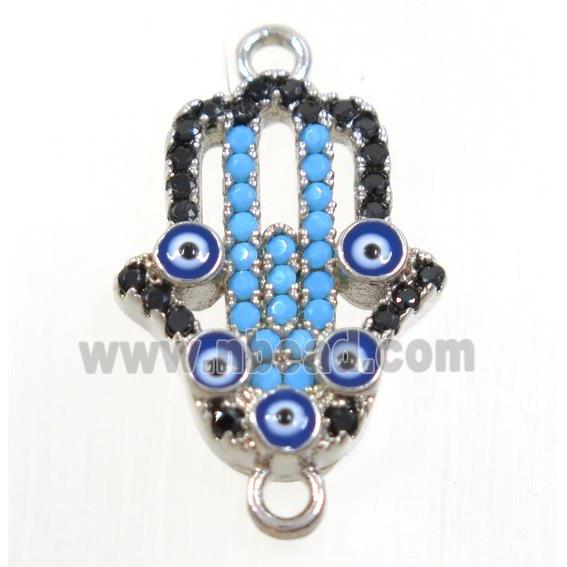 copper hamsahand connector paved zircon with evil eye, platinum plated