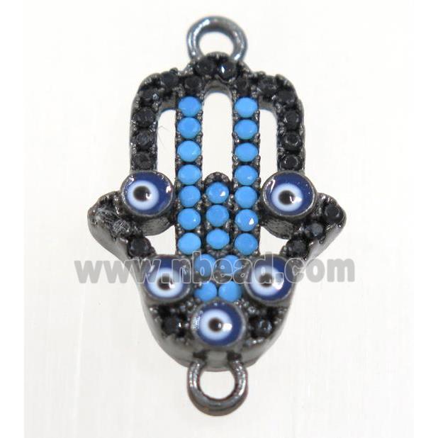 copper hamsahand connector paved zircon with evil eye, black plated