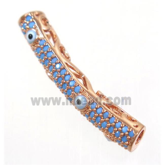 copper tube beads paved zircon with evil eye, turq, rose gold