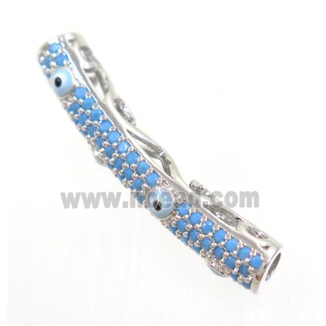 copper tube beads paved zircon with evil eye, turq, platinum plated