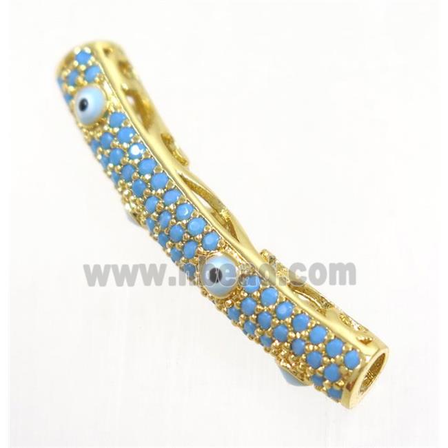 copper tube beads paved zircon with evil eye, turq, gold plated