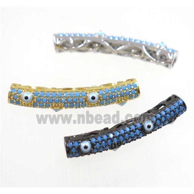 copper curving tube beads paved zircon with evil eye, turq, mix color