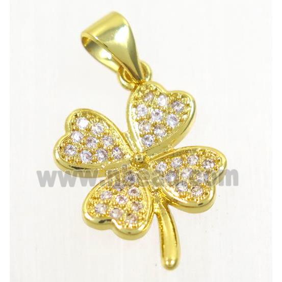 copper pendant paved zircon, four-leaf Clover, gold plated