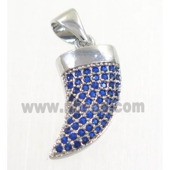 copper horn pendant paved blue zircon, platinum plated