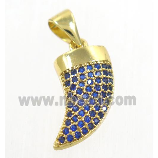 copper horn pendant paved blue zircon, gold plated
