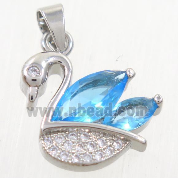 copper swan pendant paved blue zircon, platinum plated