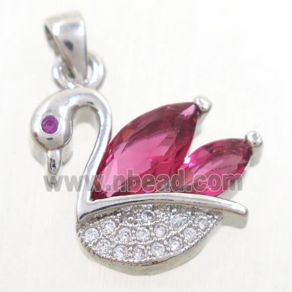 copper swan pendant paved red zircon, platinum plated
