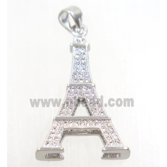 copper Eiffel Tower pendant paved zircon, platinum plated
