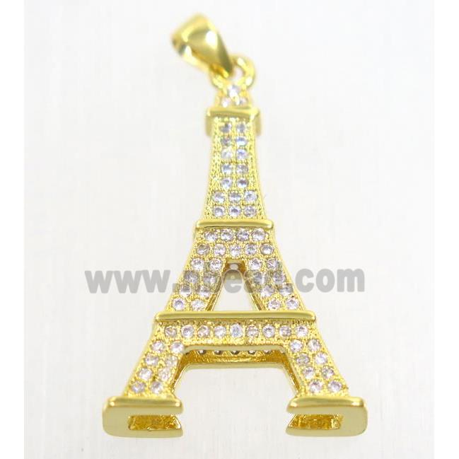 copper Eiffel Tower pendant paved zircon, gold plated