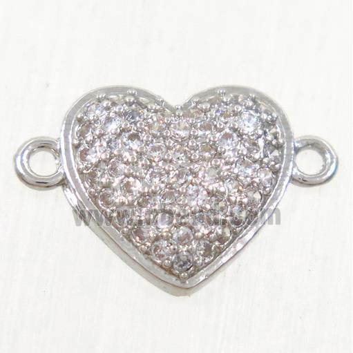copper heart connector paved zircon, platinum plated