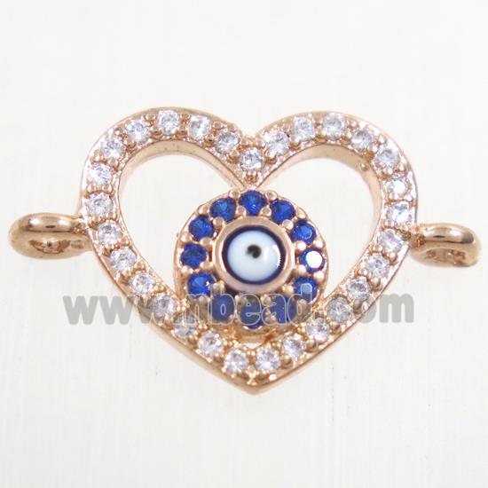 copper heart connector paved zircon with evil eye, rose gold