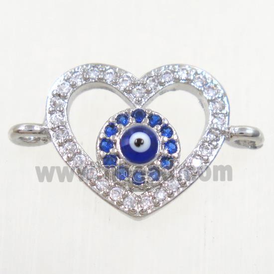 copper heart connector paved zircon with evil eye, platinum plated