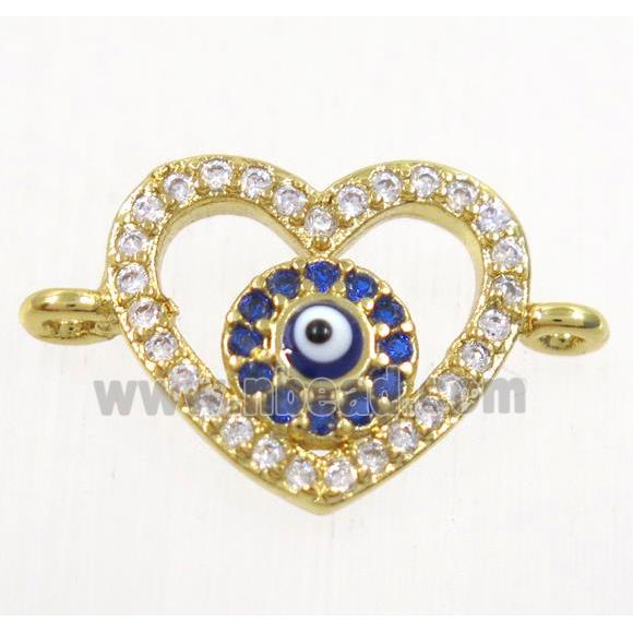 copper heart connector paved zircon with evil eye, gold plated