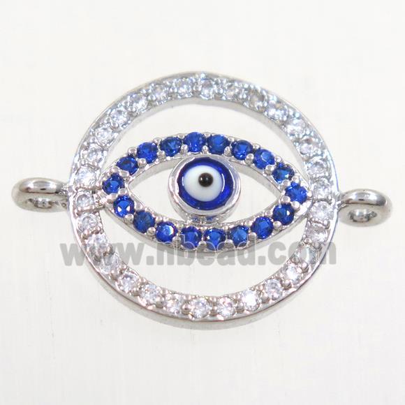 copper circle connector paved zircon with evil eye, platinum plated