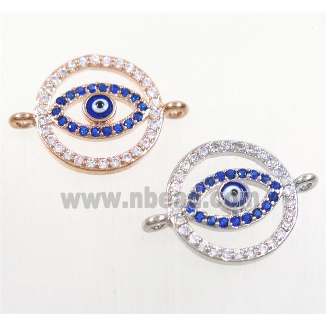 copper circle connector paved zircon with evil eye, mix color