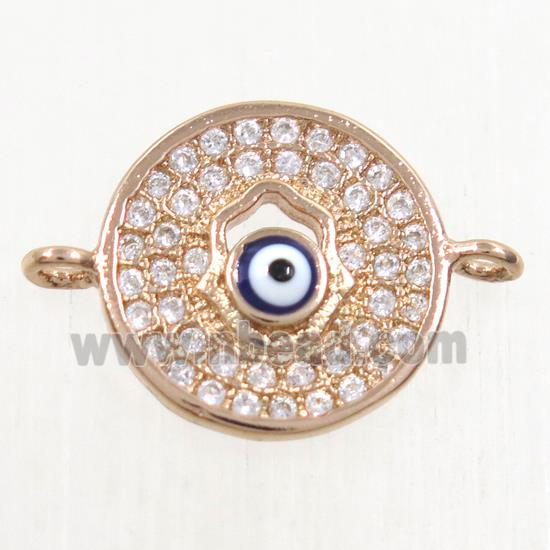 copper circle connector paved zircon with evil eye, rose gold