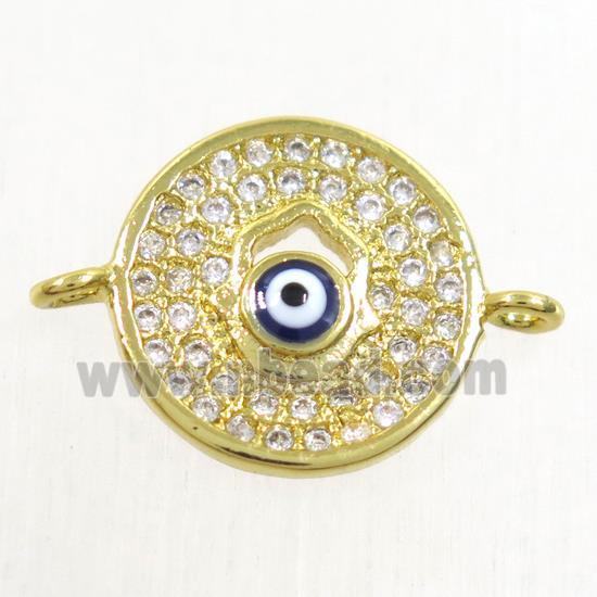 copper circle connector paved zircon with evil eye, gold plated