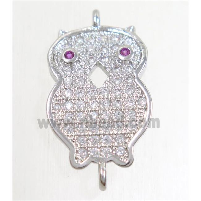 copper owl connector paved zircon, platinum plated