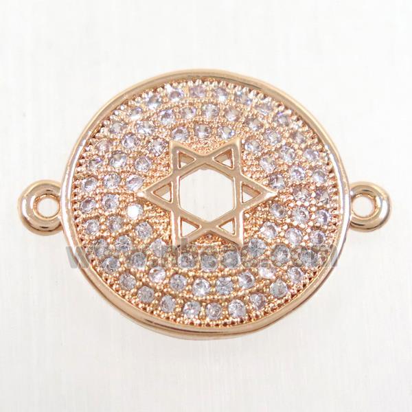 copper circle connector paved zircon with david star, rose gold