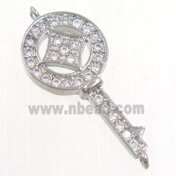 copper key connector paved zircon, platinum plated