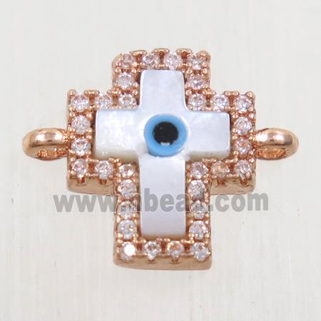 copper cross connector paved zircon with shell evil eye, rose gold