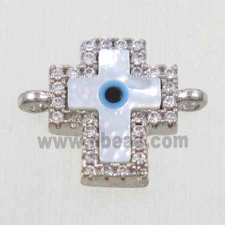 copper cross connector paved zircon with shell evil eye, platinum plated