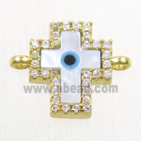 copper cross connector paved zircon with shell evil eye, gold plated