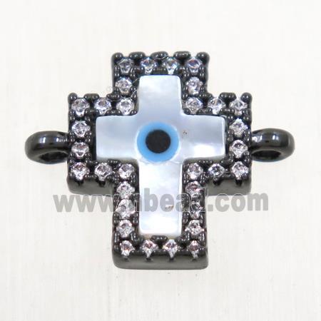 copper cross connector paved zircon with shell evil eye, black plated