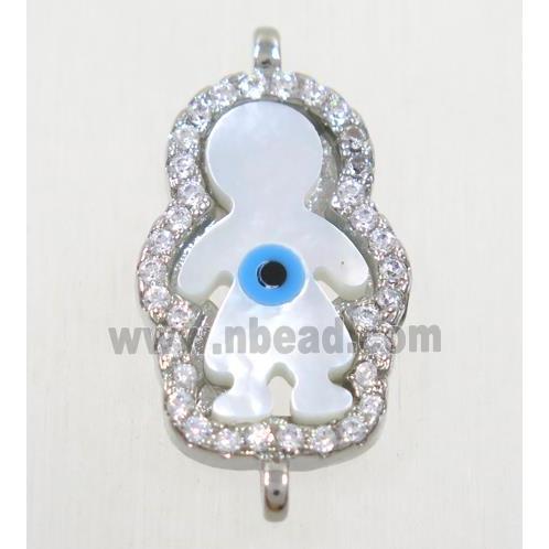 copper boy connector paved zircon with shell evil eye, platinum plated