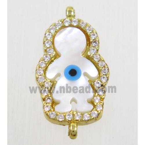 copper boy connector paved zircon with shell evil eye, gold plated