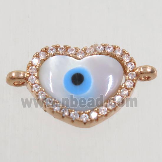 copper heart connector paved zircon with shell evil eye, rose gold
