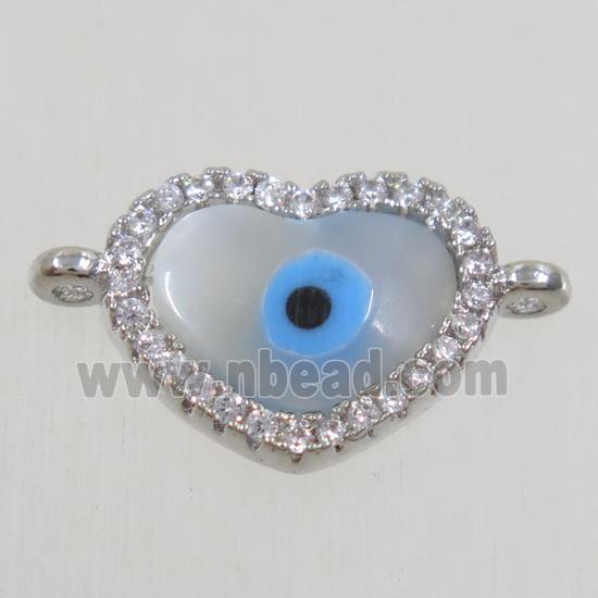 copper heart connector paved zircon with shell evil eye, platinum plated