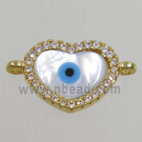 copper heart connector paved zircon with shell evil eye, gold plated