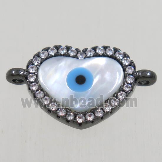 copper heart connector paved zircon with shell evil eye, black plated