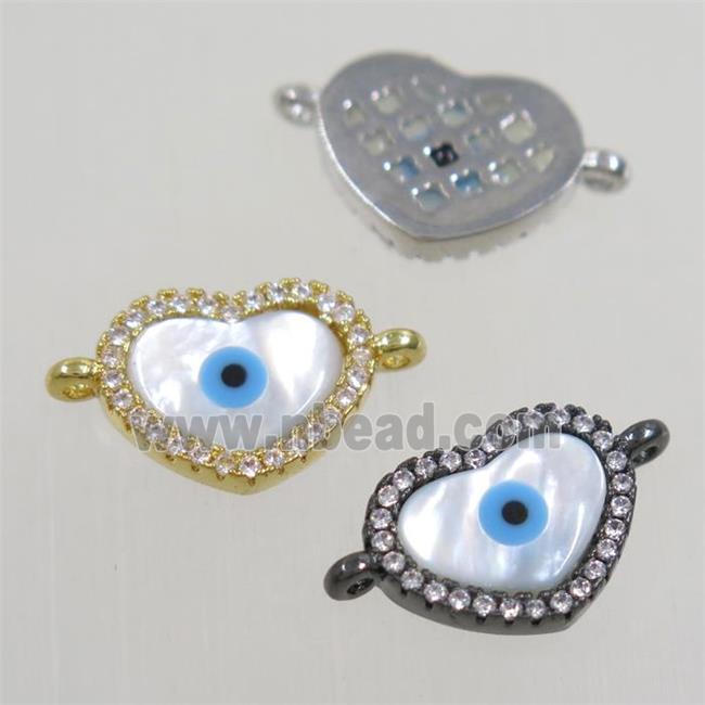copper heart connector paved zircon with shell evil eye, mix color