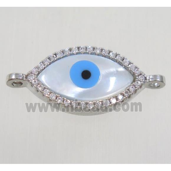 copper oval connector paved zircon with shell evil eye, platinum plated