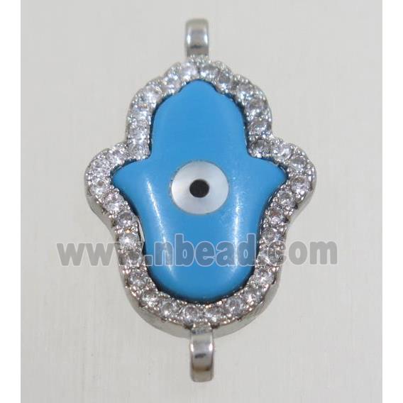 copper hamsahand connector paved zircon with shell evil eye, platinum plated